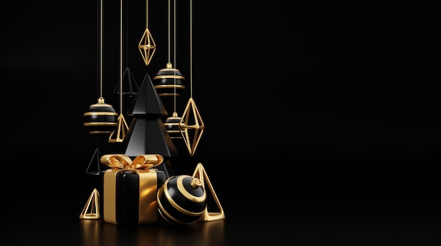 Luxe kerst 3d render banner of wenskaart. Moderne minimale Nieuwjaar en kerst goud en zwart decoratie met boom, snoep, bal, geschenkdoos op zwarte achtergrond