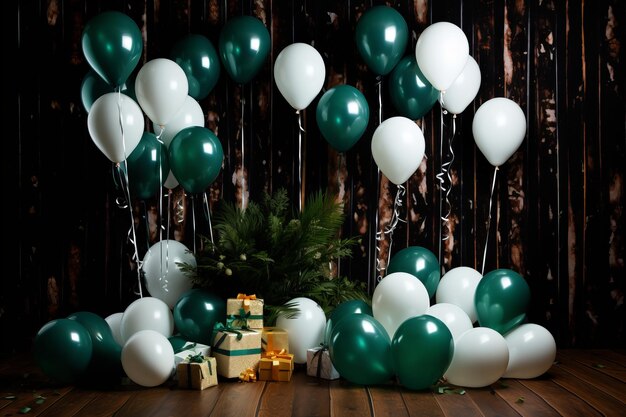 Luxe kerst achtergrond met ballonnen kerstboom takken lichten en kopieerruimte