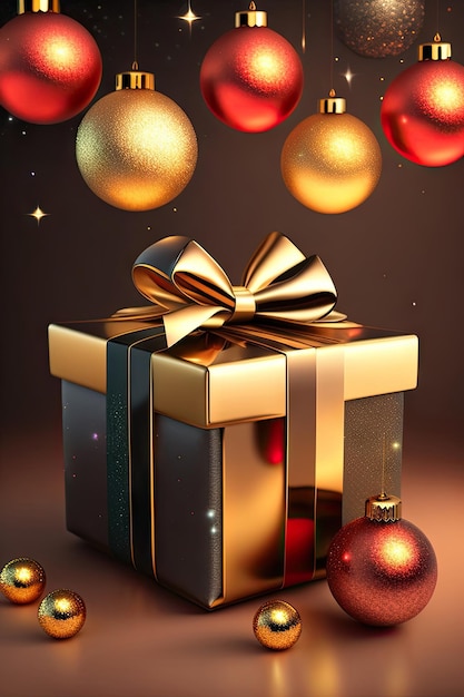 Luxe Kerst achtergrond met geschenken Kerstballen gouden linten en glitters Digitale kunst