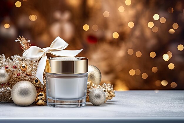 Luxe kerst cosmetische crème mock up zonder label Kerstaccessoires op bokeh achtergrond