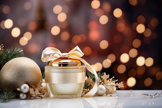 Luxe kerst cosmetische crème mock up zonder label Kerstaccessoires op bokeh achtergrond