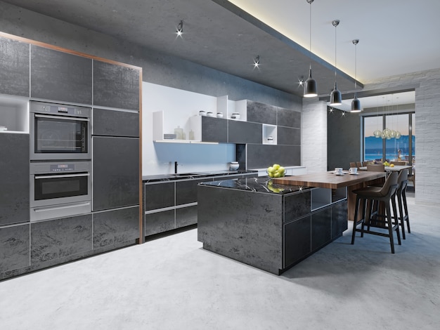 Luxe keuken met RVS inbouwapparatuur in eigentijds herenhuis. 3D-rendering