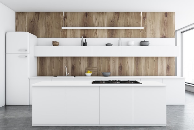 Luxe keukeninterieur met houten wanden, een betonnen vloer, een koelkast en witte werkbladen. Een bar. 3D-rendering mock-up