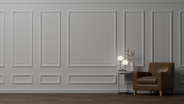 Luxe klassieke vintage woonkamer interieur met bruin lederen stoel 3D-rendering