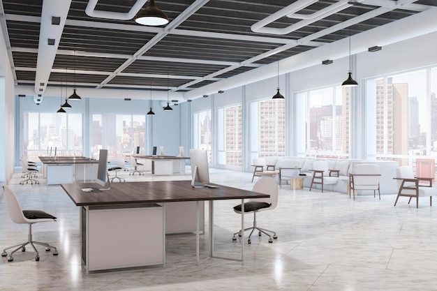 Luxe licht coworking kantoorinterieur met meubels en apparatuur 3D-rendering