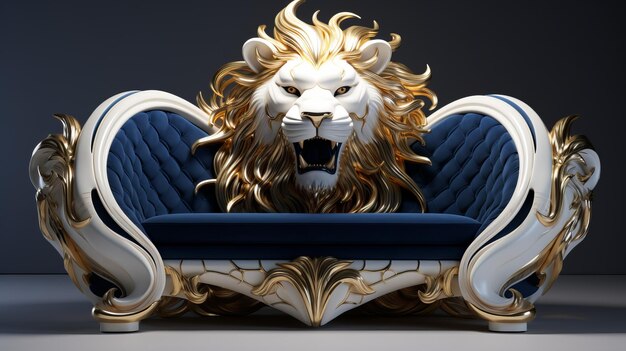 Foto luxe lion art op blauwe lederen stoel unreal engine 5 gold zbrush vray