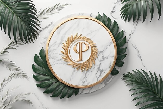 Luxe logo mockup op cirkelvormig marmer met palmbladeren op witte achtergrond 3D-rendering