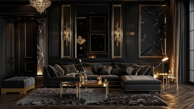 Foto luxe lounge interieurontwerp met zwarte en gouden woonkamermeubels