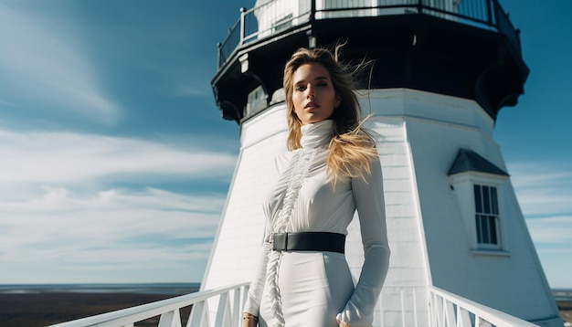Foto luxe modefotografie van een model op de top van de vuurtoren van new england
