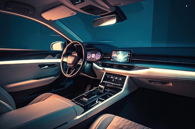 Luxe modern auto-interieur met lederen stoelen touchscreen en sfeerverlichting