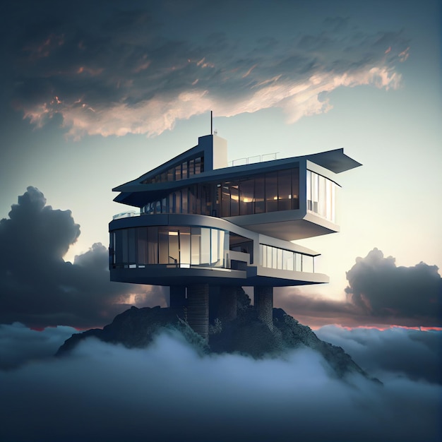 Luxe modern huis in de wolken droomhuis 3d render illustratie