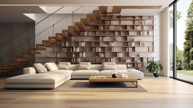 Luxe modern huisinterieur met hoekbank, boekenplank en trap Luxe