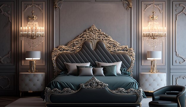 Luxe moderne hoofdslaapkamer bed frame interieur design AI gegenereerde afbeelding