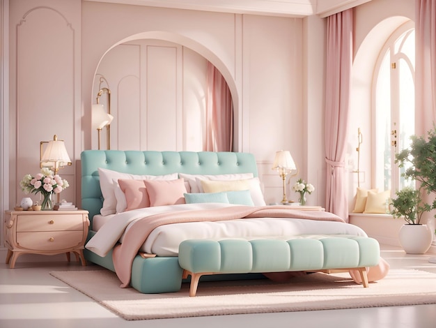 Luxe moderne hoofdslaapkamer in lichte kleuren in pastelkleuren 3D-rendering