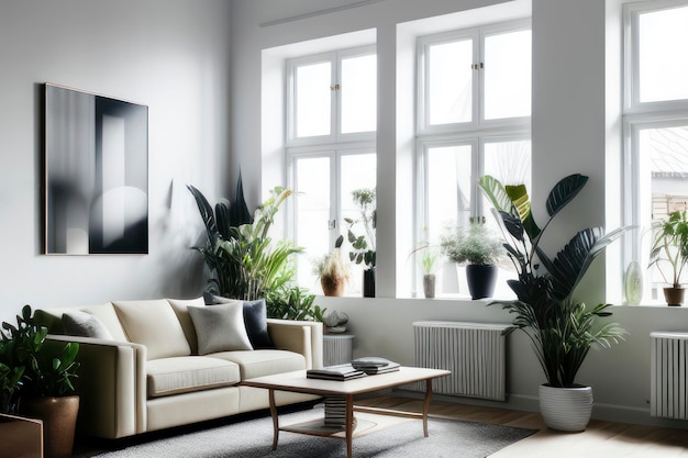 Luxe moderne minimale woonkamer interieur Wit grijze kleur Windows sofa tafel planten