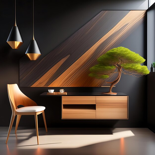 Foto luxe moderne mooie houtnerf houten aanrecht zwart granieten eettafel met achterwand