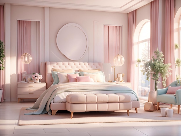 Luxe moderne slaapkamer in lichte kleuren in pastelkleuren 3d-rendering