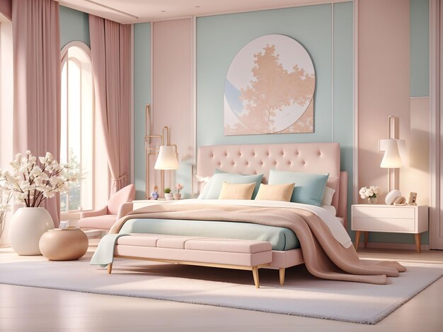 Luxe moderne slaapkamer in lichte kleuren in pastelkleuren 3d-rendering