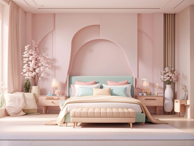 Luxe moderne slaapkamer in lichte kleuren in pastelkleuren 3d-rendering