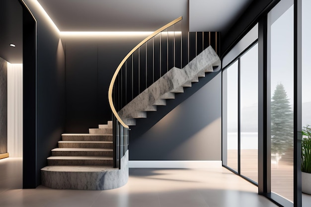 Luxe moderne U-vorm grijze textuur granieten stenen trap trap gehard glas paneel zwart staal