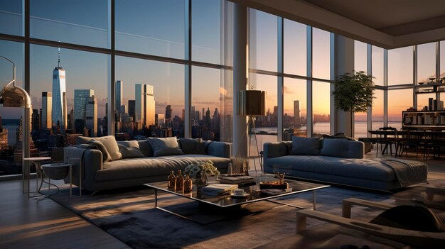 Luxe moderne woonkamer in de schemering met een panoramisch uitzicht op de skyline van de stad