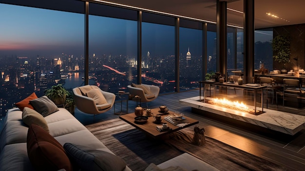 Luxe moderne woonkamer in de schemering met een panoramisch uitzicht op de skyline van de stad
