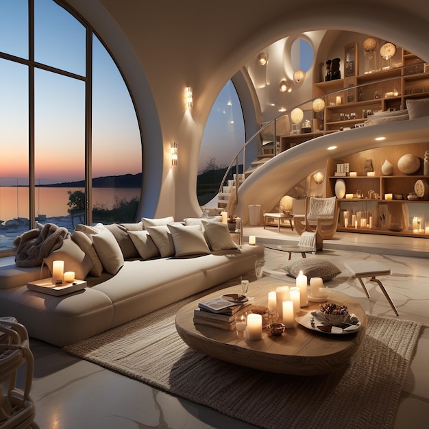 Luxe moderne woonkamer interieurontwerp met prachtig uitzicht op de zee
