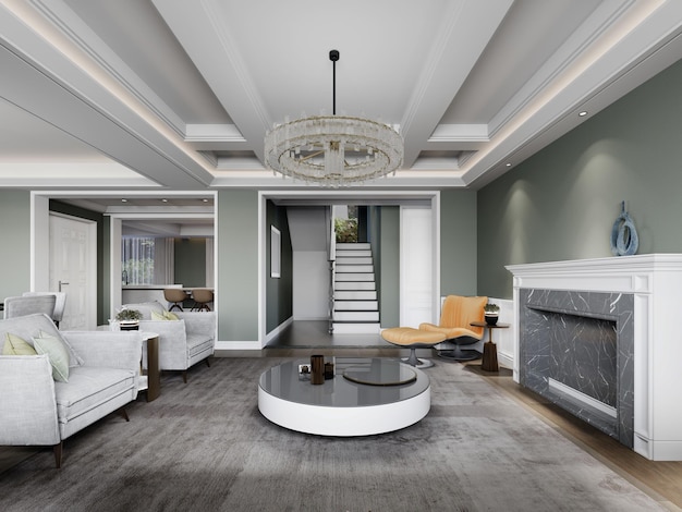 Luxe moderne woonkamer met klassieke elementen met modern designmeubilair en muren in pistachekleur 3D-rendering