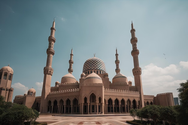 Luxe moskee met torenhoge minaretten en glas-in-loodramen