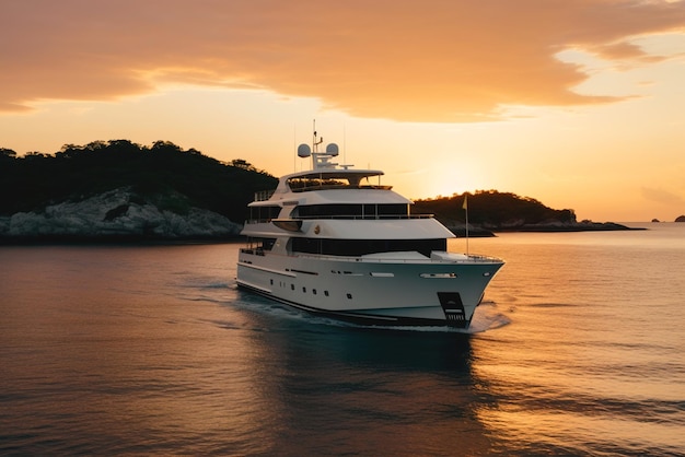 Luxe motorjacht zeilen bij zonsondergang dure boot in de buurt van tropische kust generatieve AI