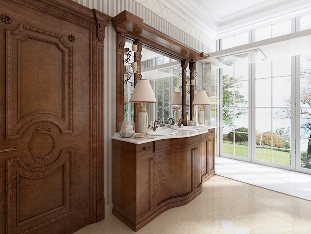 Luxe neoklassieke meubels in moderne stijl in de badkamer. Dubbele ijdelheid badkamer met twee tafellampen en planken. 3D render.