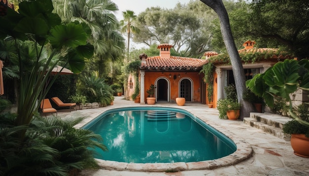 Foto luxe ontspanning aan het zwembad in een tropisch paradijs met modern architectuurontwerp gegenereerd door ai