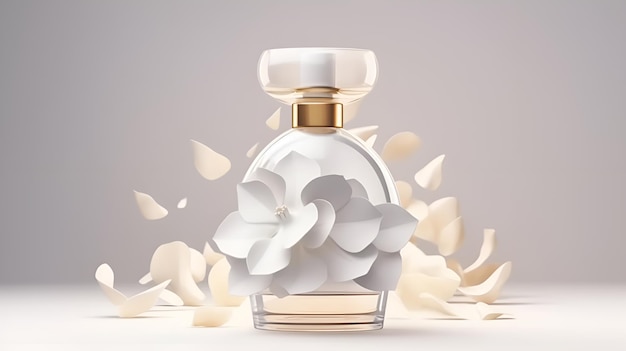 Luxe parfum glazen fles met gardenia bloemblaadjes op marmeren filmische rook minimalistische achtergrond