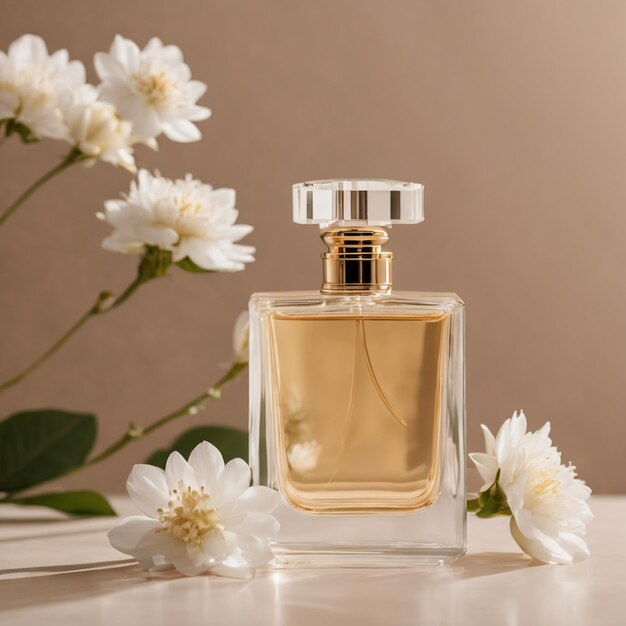 Foto luxe parfumfles omringd door bloemen