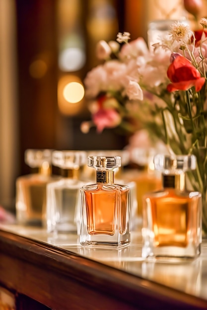 Luxe parfumflesjes tentoongesteld tijdens een presentatie vrouwengeurgeur nieuwe exclusieve collectie postprocessed generatieve ai