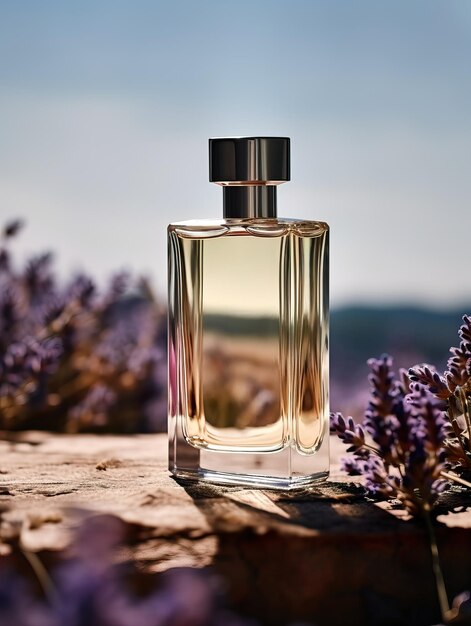 Luxe parfumflesmodel, prachtige parfumreclame met lavendelbloemen en rijke rextures