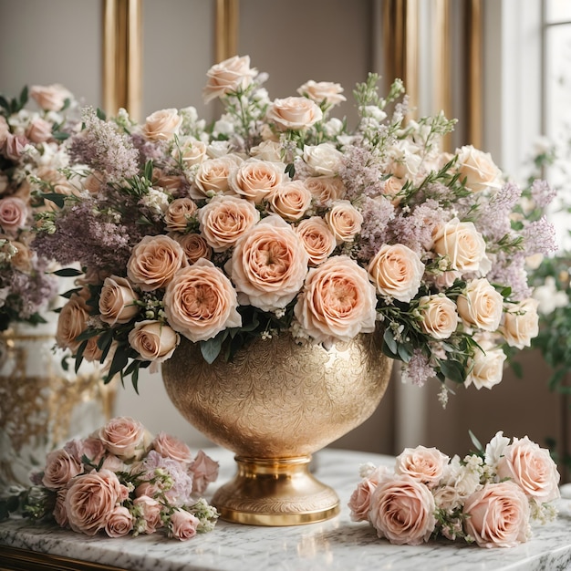 Luxe pastelkleurige bloemen in een elegante gouden vaas. Bloemenweelde