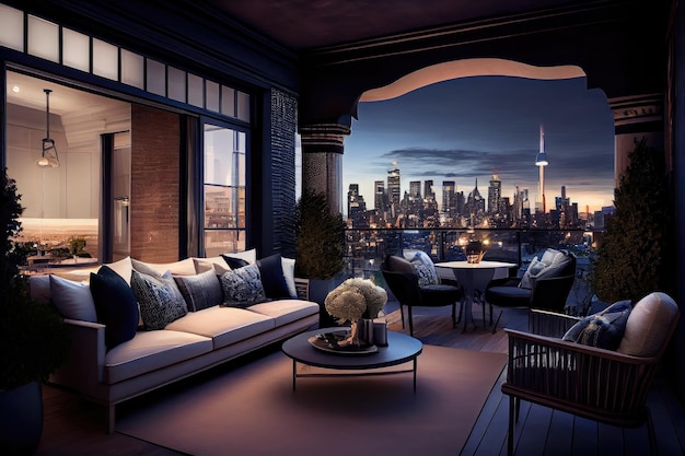 Luxe penthouse suite met uitzicht op de skyline van de stad en privé dakterras