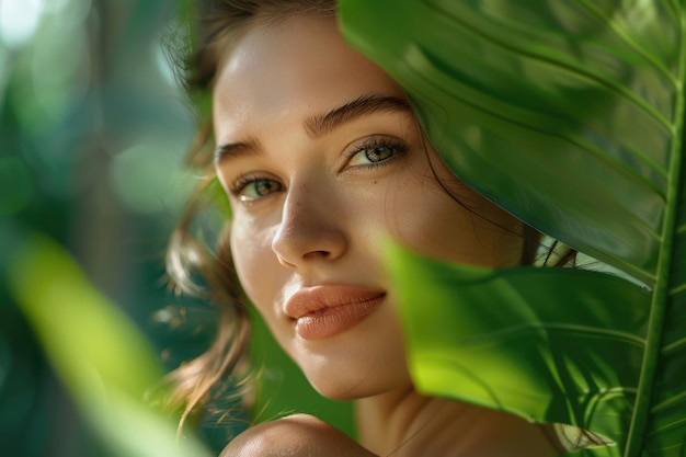 Foto luxe portret van jonge vrouw met natuurlijke make-up en blad spa wellness huidverzorging