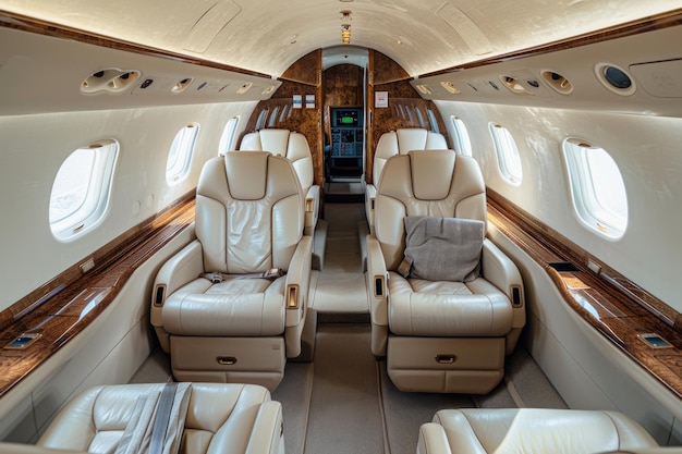 Luxe privéjet interieur met lederen stoelen en houten accenten
