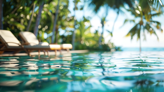 Luxe resort zwembad met ligstoelen en palmbomen