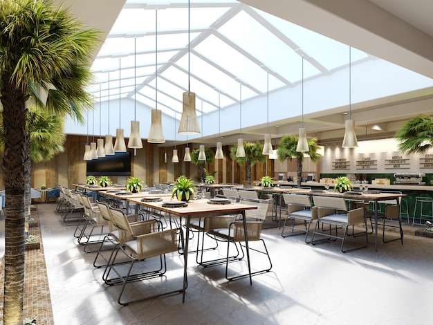 Luxe restaurant met palmbomen binnen met een groot glazen atrium met houten wanden