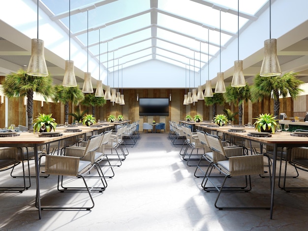 Luxe restaurant met palmbomen binnen met een groot glazen atrium met houten wanden