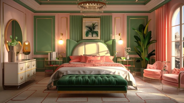 Luxe roze en groene slaapkamer interieurontwerp