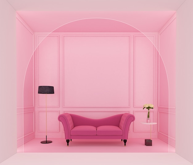 Luxe roze woonkamer met roze bank en lichtroze muurkroonlijst 3D-rendering