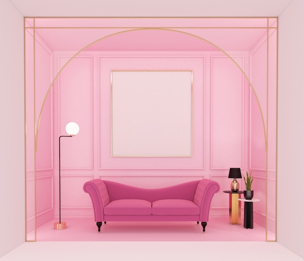 Luxe roze woonkamer met roze bank en lichtroze muurkroonlijsten 3D-rendering