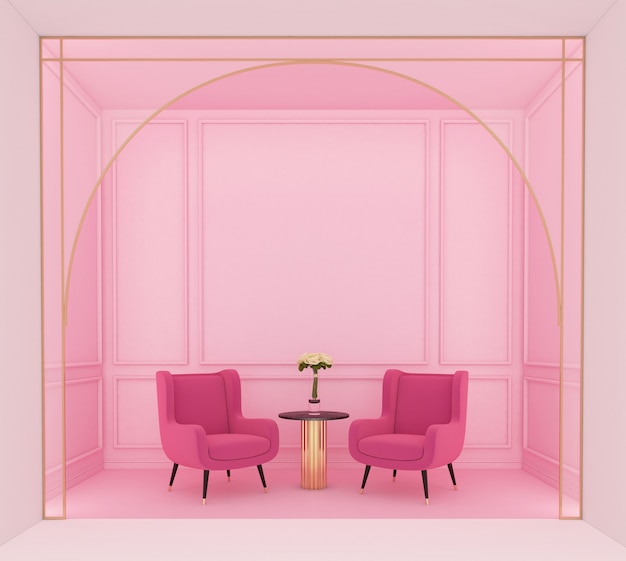 Luxe roze woonkamer met roze fauteuils en lichtroze muur kroonlijsten 3D-rendering