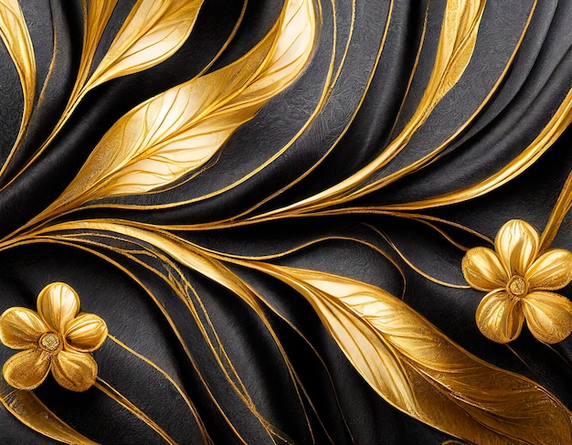 Luxe satijnen textiel zwarte achtergrond met gouden bladeren