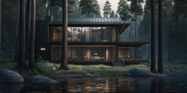 Luxe Scandinavisch Scandinavisch huis in het bos in de avondscène