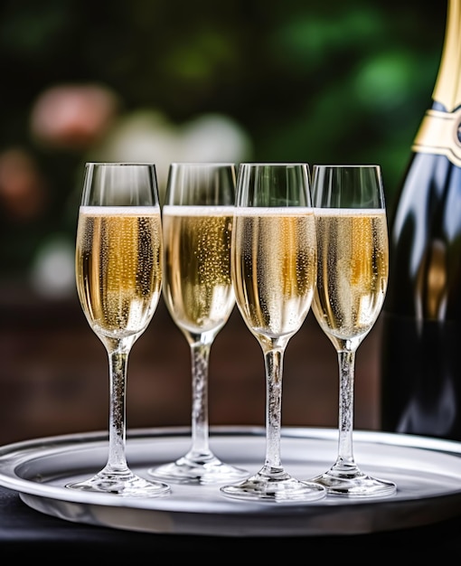 Luxe service glazen champagne geserveerd door een ober bij een bruiloftsfeest of evenement in formele Engelse stijl in een luxe hotel of landgoed tuin generatieve ai